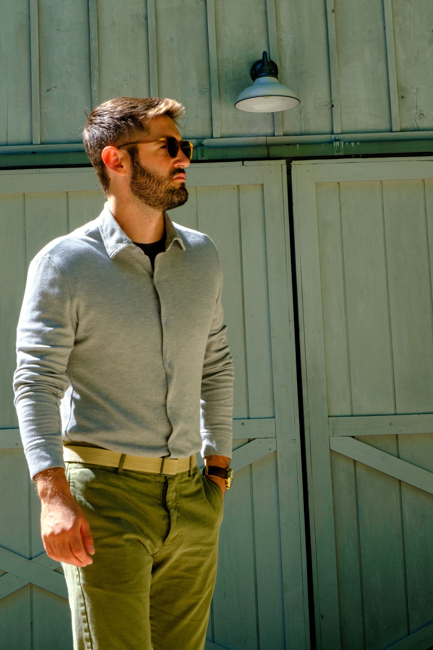 THERMAL BUTTON DOWN SHIRT - HEATHER GREY