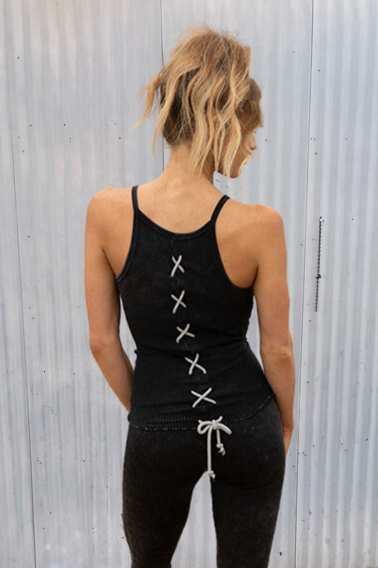 LACE BACK TANK - VINTAGE BLACK